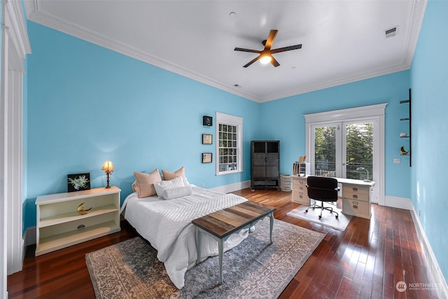 bedroom with ceiling fan, dark hardwood / wood-style flooring, and crown molding