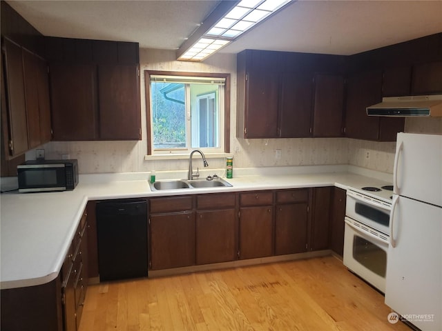 kitchen with sink, white appliances, dark brown cabinets, and light wood-type flooring