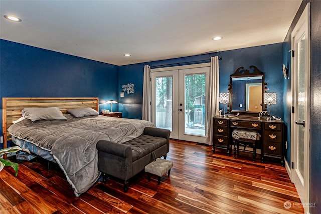 bedroom featuring french doors, access to exterior, and hardwood / wood-style floors