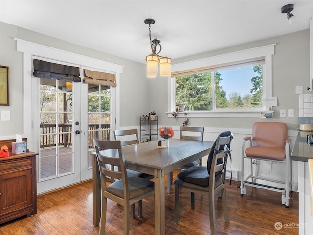 dining space with french doors, a healthy amount of sunlight, and hardwood / wood-style floors