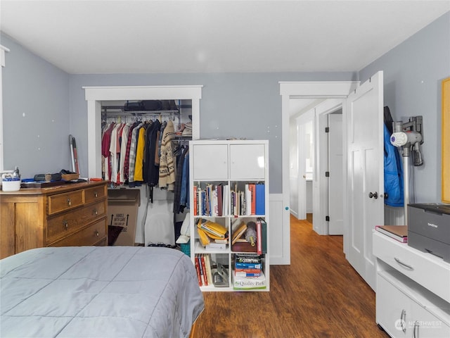 bedroom featuring dark wood-type flooring and a closet