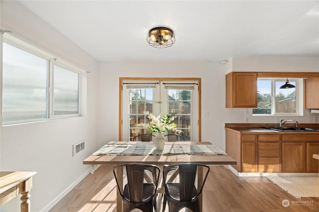 dining area with sink, a textured ceiling, a healthy amount of sunlight, and light hardwood / wood-style flooring