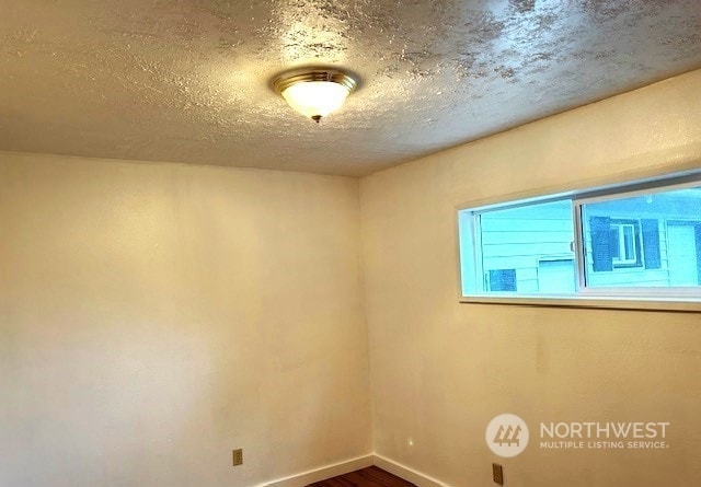 empty room featuring plenty of natural light, hardwood / wood-style floors, and a textured ceiling