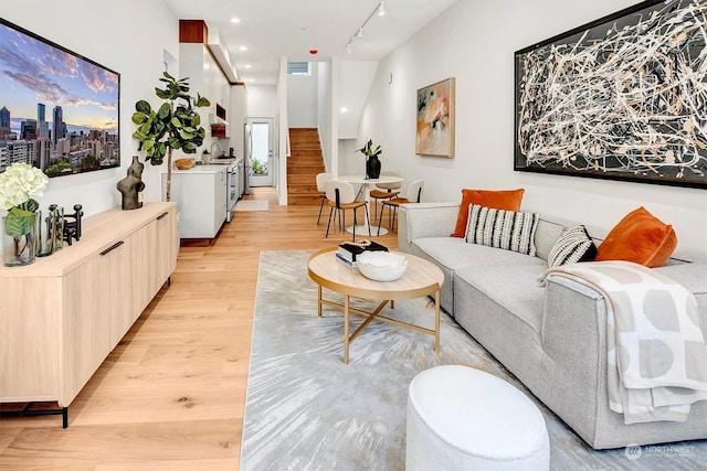 living room featuring sink, rail lighting, and light hardwood / wood-style floors