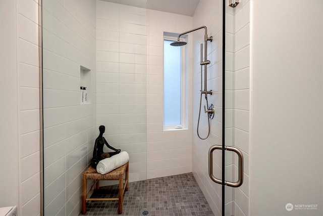 bathroom with a shower with shower door