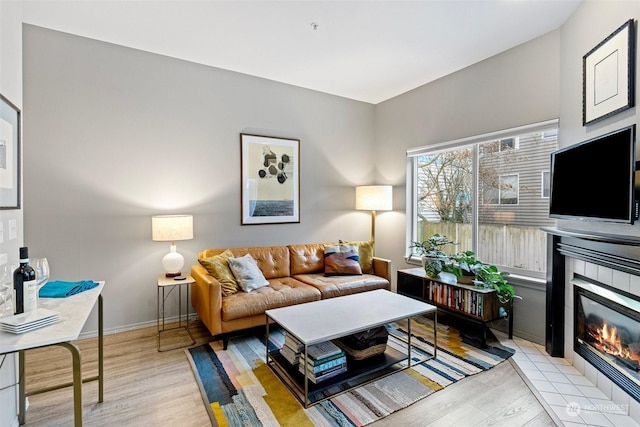 living room with light hardwood / wood-style floors and a fireplace