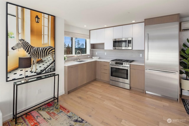 kitchen featuring appliances with stainless steel finishes, sink, white cabinets, light hardwood / wood-style flooring, and tasteful backsplash