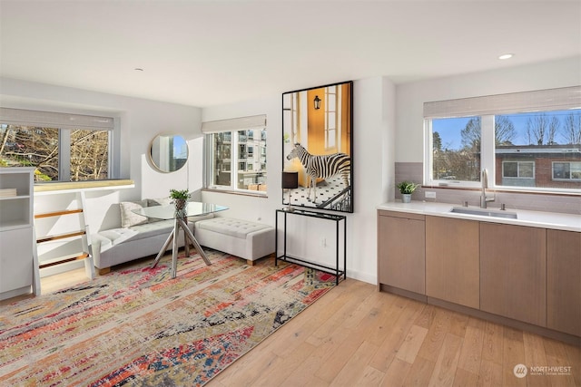 sitting room featuring sink, a healthy amount of sunlight, and light hardwood / wood-style flooring