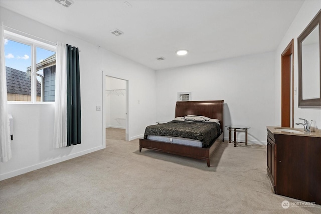 carpeted bedroom with a walk in closet, a closet, and sink