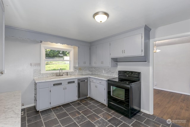 kitchen featuring decorative backsplash, sink, dishwasher, and black range with electric cooktop