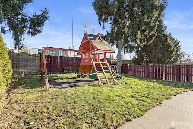 view of jungle gym with a yard