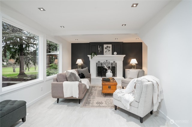 living room with a fireplace