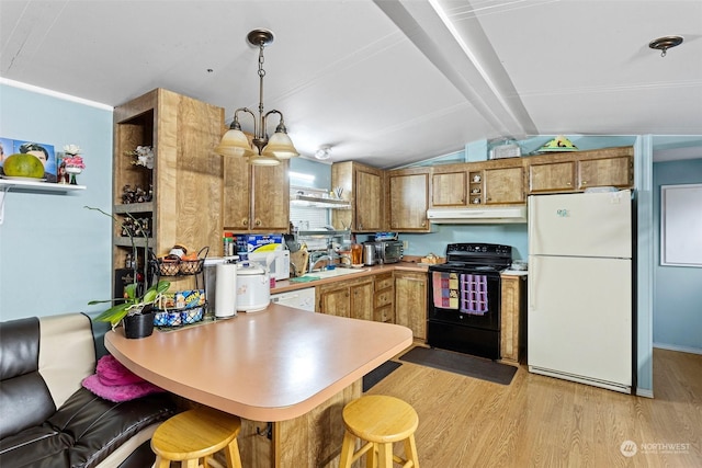 kitchen with decorative light fixtures, vaulted ceiling with beams, white appliances, kitchen peninsula, and a notable chandelier