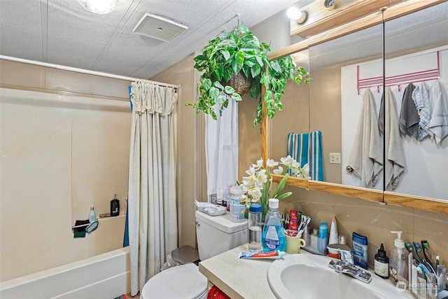 full bathroom with toilet, vanity, and shower / bathtub combination with curtain