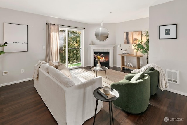 living room with a fireplace and dark hardwood / wood-style flooring