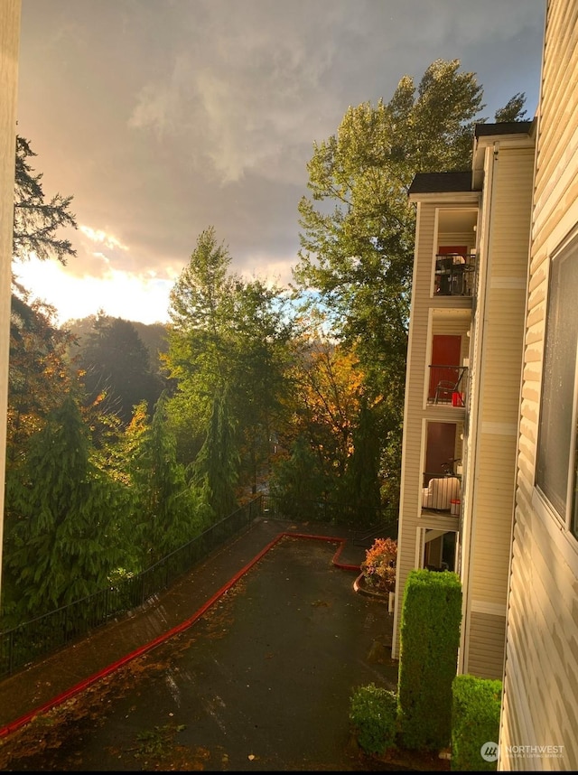 view of patio terrace at dusk