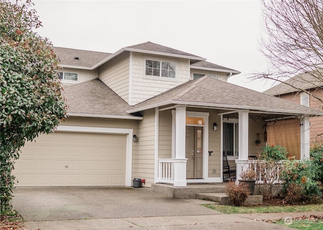 view of front of property featuring covered porch and a garage