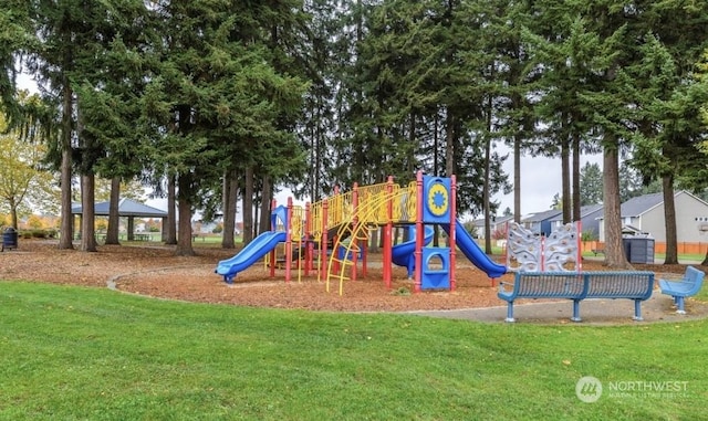 view of jungle gym featuring a yard