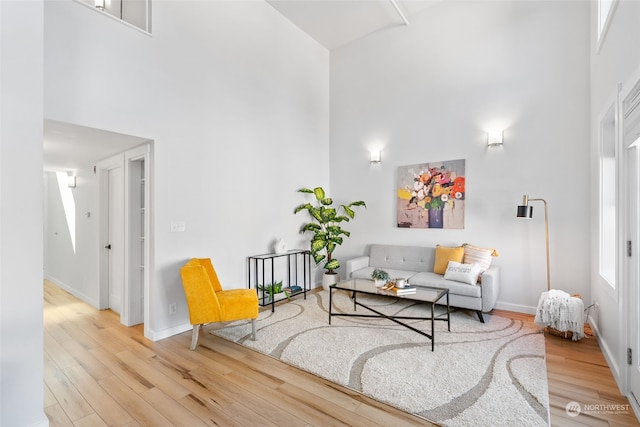 living room with wood-type flooring and a towering ceiling