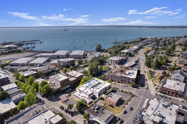 bird's eye view with a water view