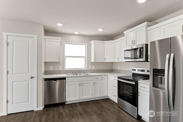 kitchen featuring stainless steel appliances, sink, dark wood-type flooring, and white cabinets