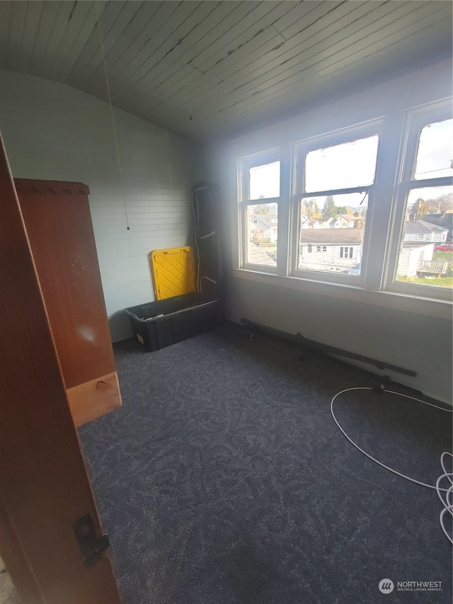 unfurnished room featuring wooden ceiling and carpet flooring