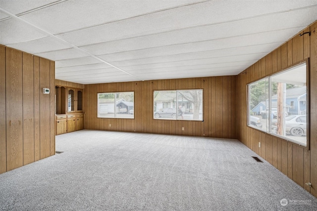 unfurnished living room with wooden walls, a wealth of natural light, and light colored carpet