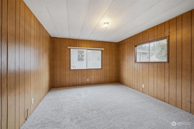 carpeted spare room featuring wood walls