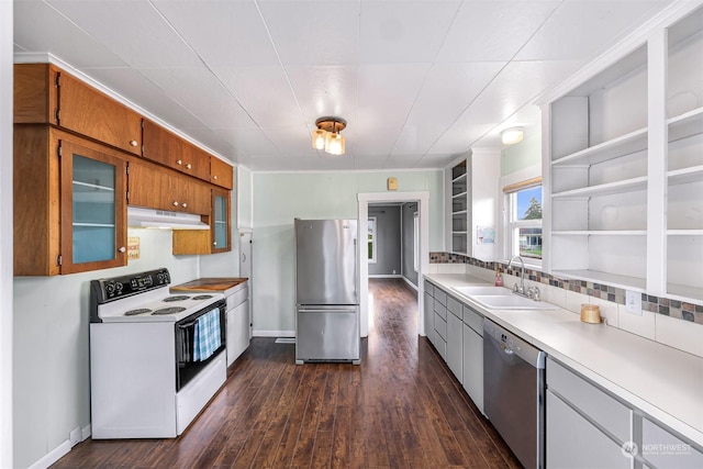 kitchen with sink, stainless steel appliances, and dark hardwood / wood-style flooring