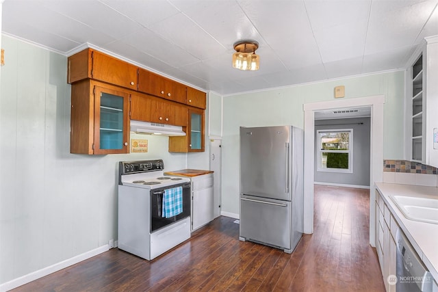 kitchen with electric range, dishwasher, high end fridge, and dark wood-type flooring