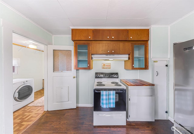 kitchen with stainless steel fridge, white electric stove, washer / dryer, and dark hardwood / wood-style floors