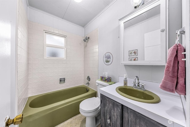 full bathroom with toilet, vanity, bathing tub / shower combination, and crown molding