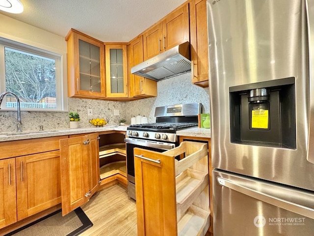 kitchen with appliances with stainless steel finishes, decorative backsplash, sink, light stone counters, and light hardwood / wood-style flooring