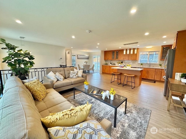 living room with light wood-type flooring and sink