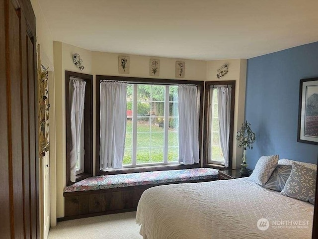 bedroom featuring light carpet