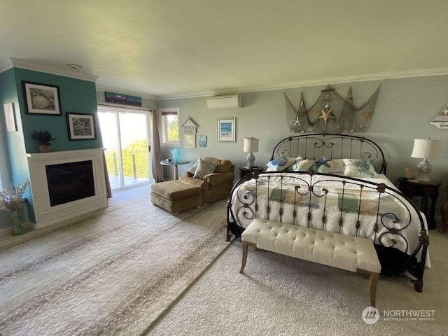 bedroom featuring an AC wall unit, carpet flooring, access to outside, and ornamental molding