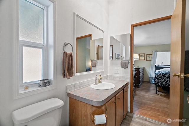 bathroom featuring vanity, wood-type flooring, and toilet