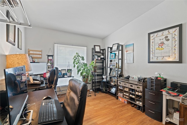 home office featuring hardwood / wood-style floors