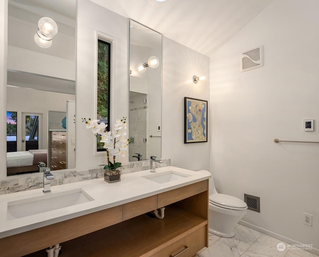 bathroom featuring lofted ceiling, vanity, and toilet