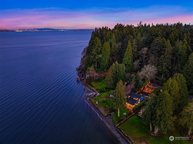 aerial view at dusk featuring a water view