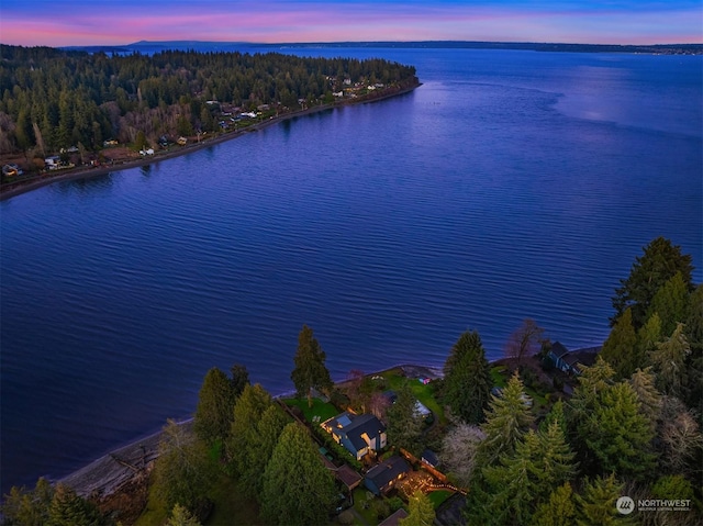 aerial view at dusk with a water view