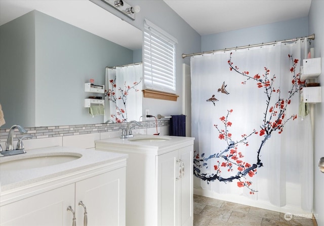 bathroom featuring shower / bathtub combination with curtain and vanity