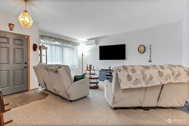 living room featuring an AC wall unit and carpet flooring