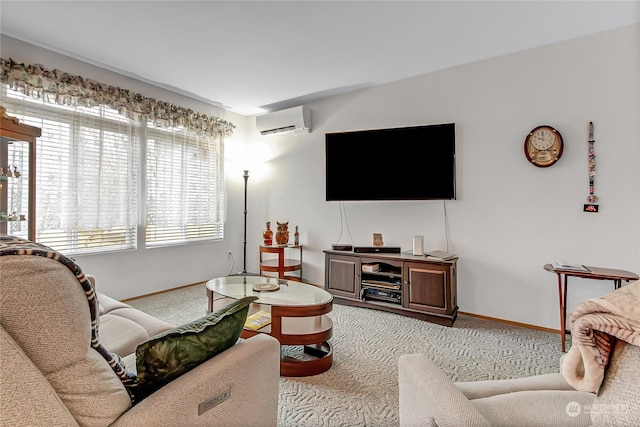 carpeted living room featuring an AC wall unit