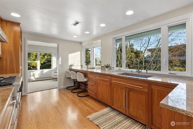 kitchen featuring a baseboard heating unit, sink, and light wood-type flooring