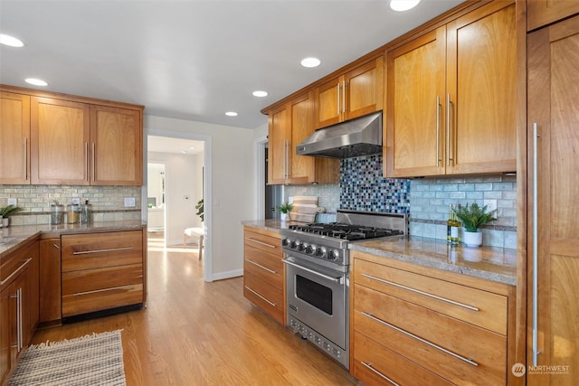 kitchen featuring tasteful backsplash, light hardwood / wood-style floors, luxury stove, and stone counters