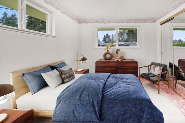 bedroom featuring wood-type flooring, multiple windows, and a closet