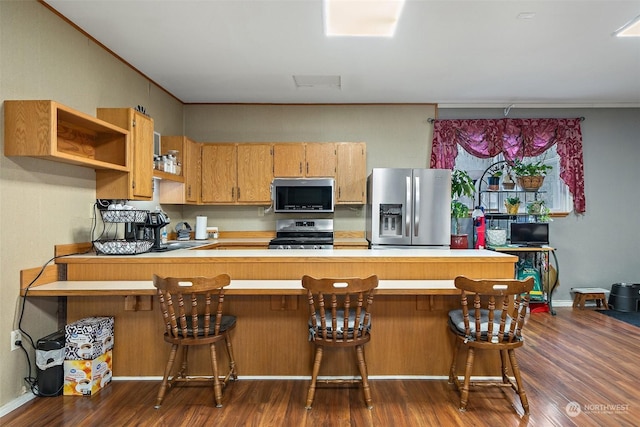 kitchen featuring stainless steel appliances, sink, dark hardwood / wood-style floors, and kitchen peninsula