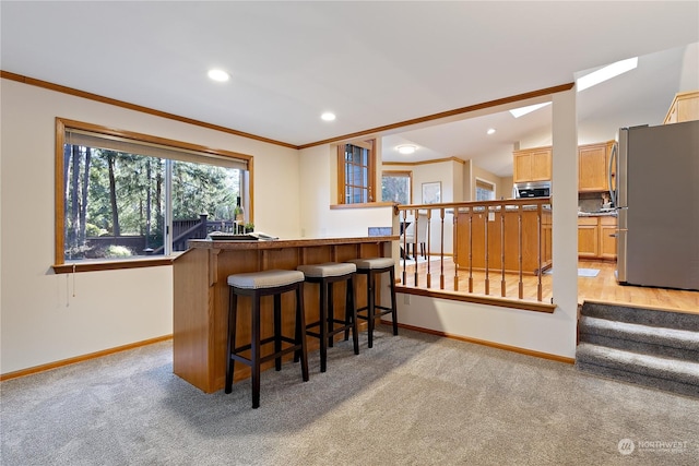 bar with light carpet, crown molding, and stainless steel appliances