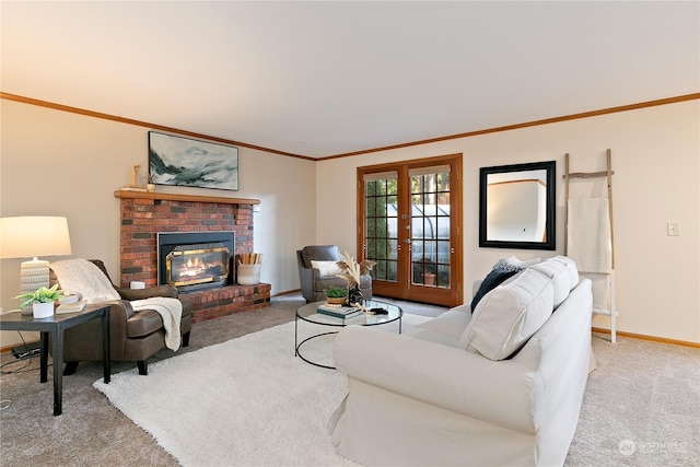 carpeted living room with ornamental molding, a fireplace, and french doors